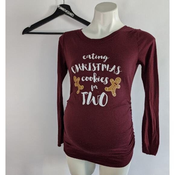 Motherhood Maternity Eating Christmas Cookies for 2 Graphic long sleeve tee XS - Picture 1 of 5